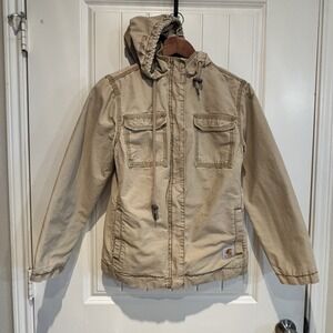 Carhartt Canvas Hooded Jacket Tan Quilted Lined Zip Front Women's XS (0/2)